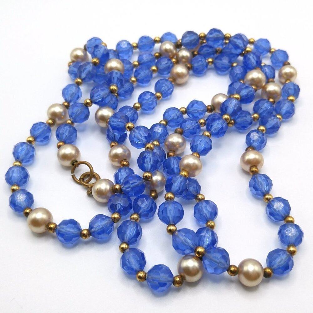 Vintage Lucite Blue Faceted Bead Necklace, Glass Pearl Accents, 1940s, 54 Inches - Picture 2 of 7